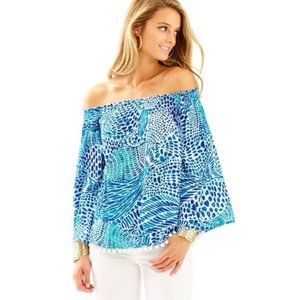 Lilly Pulitzer Nita  Off The Shoulder Pom Pom Blouse XS Blue White Top Shirt